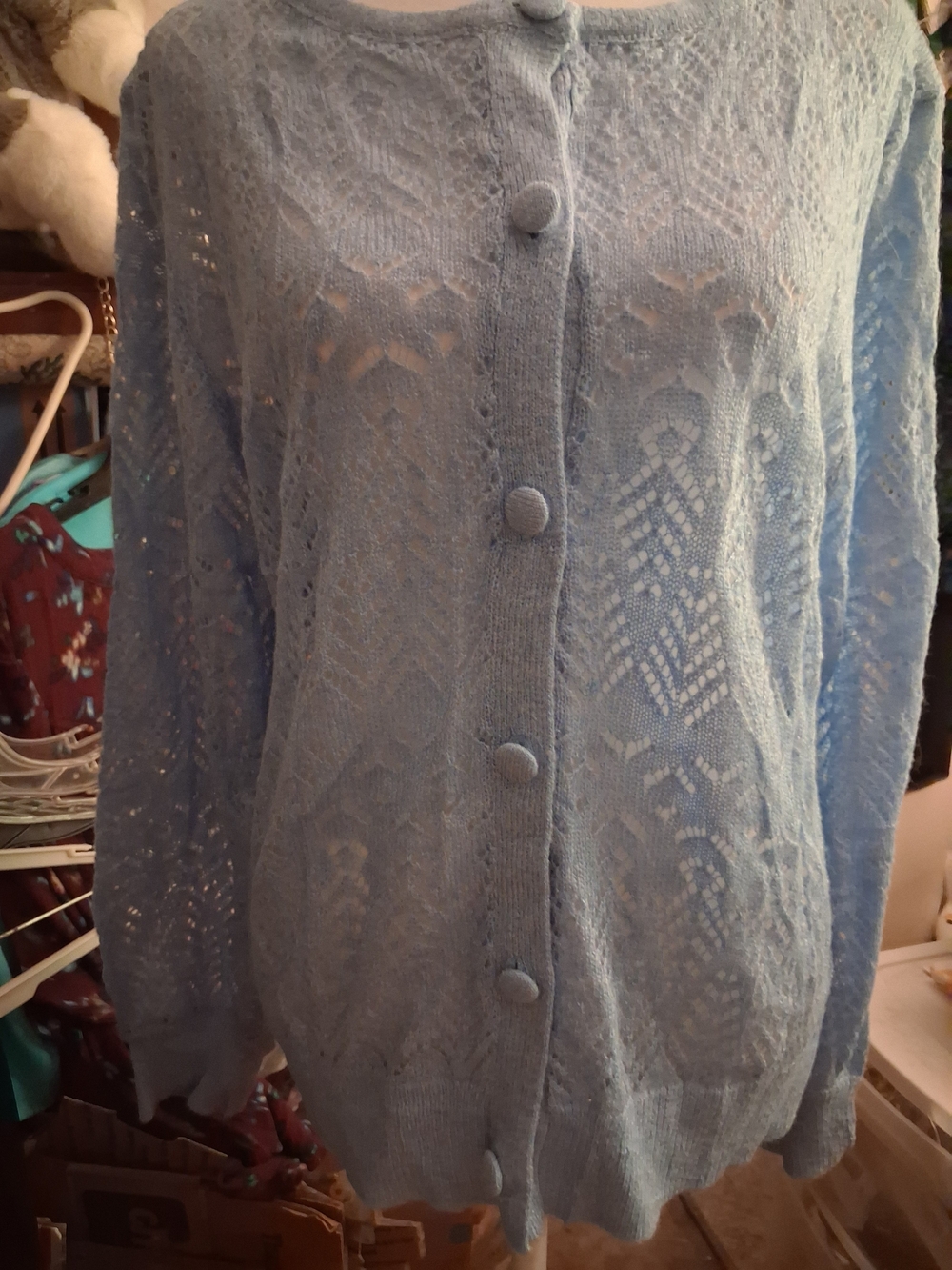 New,tag Light Blue Crochet Openwork Covered Buttons Cardigan L/S Sweater Size M